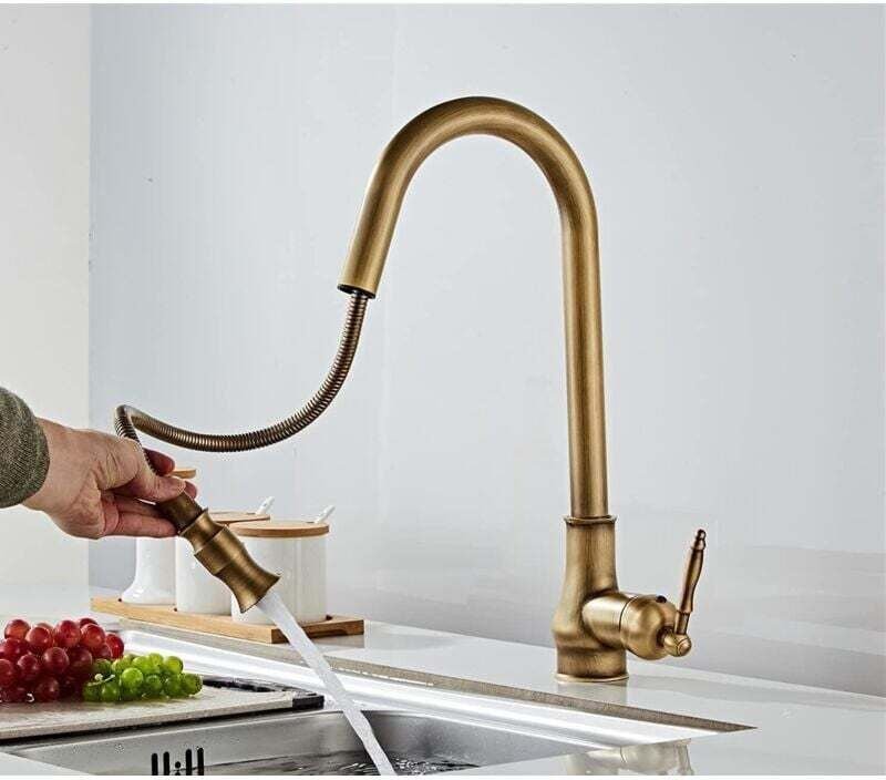 Robinet de Cuisine Antique Laiton, Mitigeur Cuisine Rotatif à 360°avec Douchette Extensible, Vintage Robinet D'évier de ...