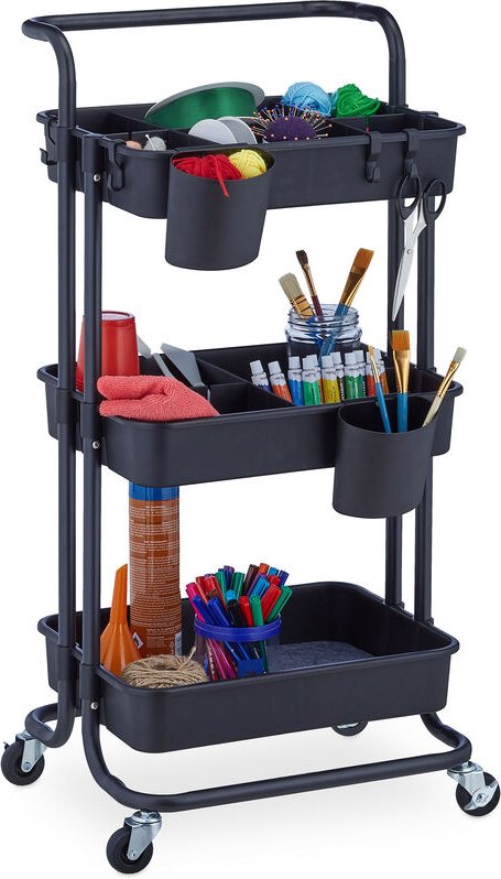 Rollwagen, 3 Etagen, 2 Bremsen, Allzweckwagen für Küche und Büro, Rollregal hbt: 86x43x42 cm, Metall, schwarz - Relaxday...