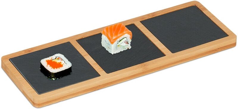 Relaxdays Servierbrett mit Schieferplatten, HBT: 1,5x34x12 cm, Sushi, Käse, Wurst, Servierplatte Bambus, natur/anthrazit