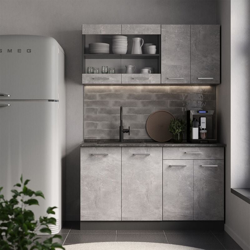 Küchenzeile R-Line, Beton/Anthrazit, 140 cm , AP Eiche, Vicco