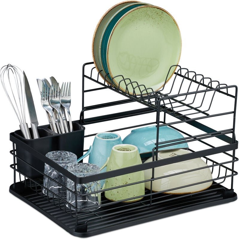Abtropfgestell Geschirr, aus Metall, HxBxT: 30 x 42,5 x 31,5 cm, Geschirrtrockengestell für die Küche, schwarz - Relaxda...