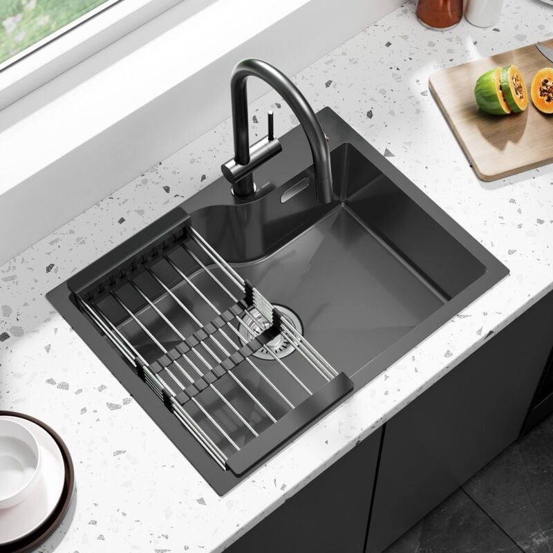 Edelstahlspüle 60 × 45 × 18 cm Küchenspüle, Einzelbecken mit Abtropfkorb, inkl. Siphon Ab- und Überlaufgarnitur, Anthraz...
