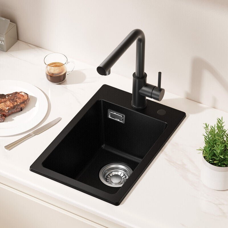 CECIPA MAX Granitspüle 30 x 45 cm Spülbecken Granit, Mini - Küchenspüle klein Granit Einbauspüle mit Siphon Ab- und Über...