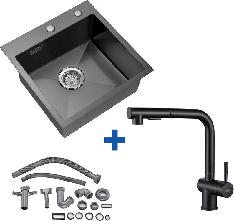 Edelstahl Küchenspüle dunkelgrau + Hochdruck Ausziehbare Küchenarmatur schwarz, Einbau Spülbecken für ab 50 cm Küchensch...