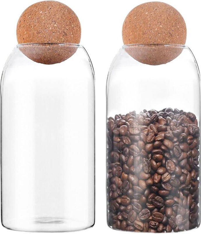 Set aus 2 luftdichten 800-ml-Glasbehältern mit Korken und Kugelverschluss, für Kaffee/Gewürze/Tee