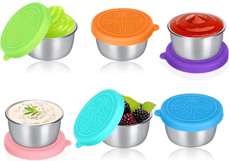 Set mit 6 Edelstahl-Saucentöpfchen (50 ml) mit Silikondeckeln, kleine auslaufsichere Behälter für Gewürze