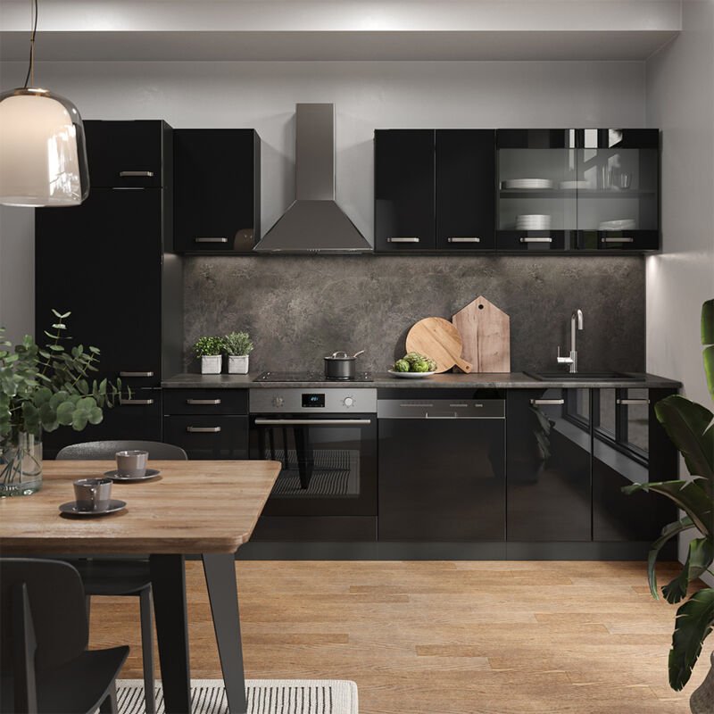 Vicco - Küche R-Line, Schwarz Hochglanz/Anthrazit, 300 cm ohne Arbeitsplatte