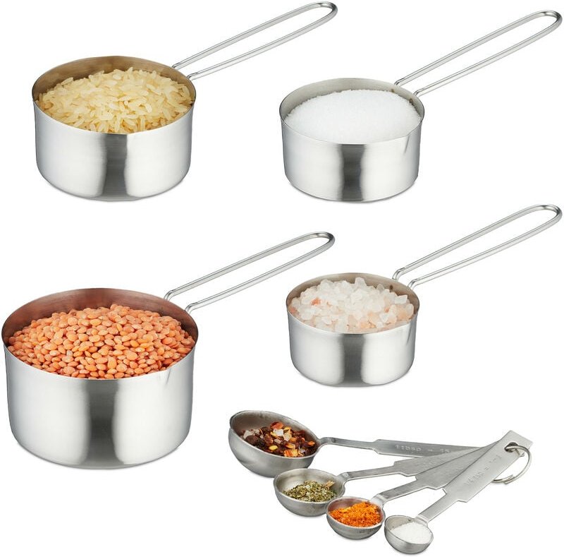 Relaxdays Messbecher und Messlöffel Set, 8-teilig, Edelstahl, US-Größen & ml-Angaben, Portionierlöffel mit Griff, silber