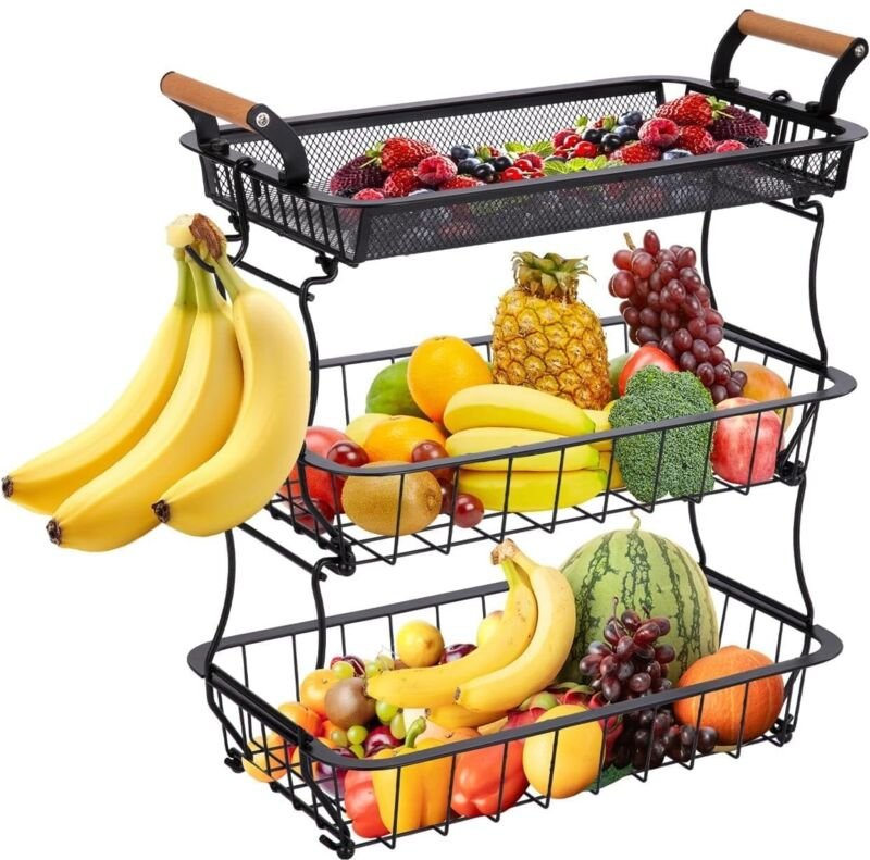 Trintion Obstkorb mit 3 Etagen & 2 Bananenhaltern - Großer Metall-Gemüsekorb für Küche, Theke & Speisekammer - Obstständ...