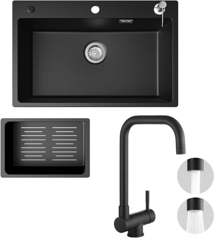 Cecipa Max - Küchenspüle 70x45cm Granitspüle Anthrazitschwarz Mit Seifenspender + Fenster-Küchenarmatur Schwarz Hohe 355...