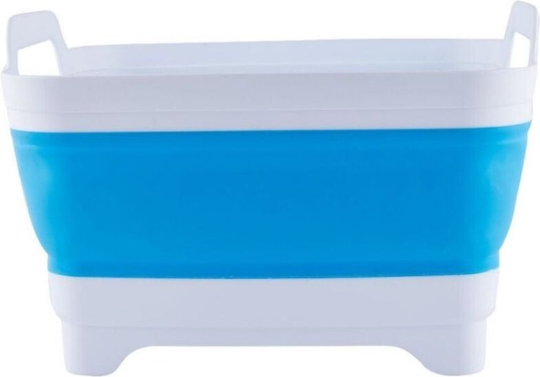 Weiß-blaues Klappspülbecken, Maße aufgeklappt 31,5 x 30,5 x 20 cm, 1 Ablageschale mit Ablaufstopfen