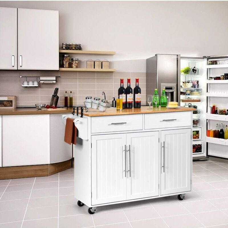 Desserte de Cuisine à roulettes avec 2 Tiroirs,Tablette Réglable,Porte-Serviettes,Porte-Couteau,122 x 46 x 92,3CM - Cost...