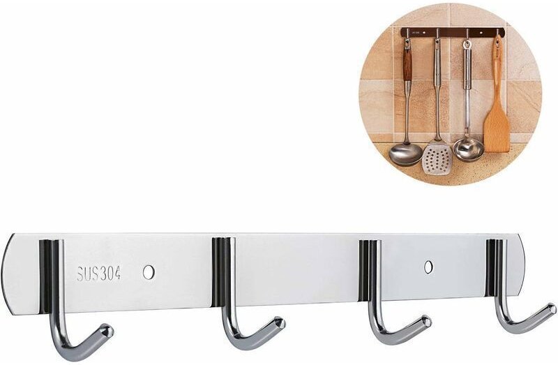 Hängeschiene aus Edelstahl mit 4 Haken, Hakenleiste, selbstklebende Küchenhilfe mit 3M-Kleber