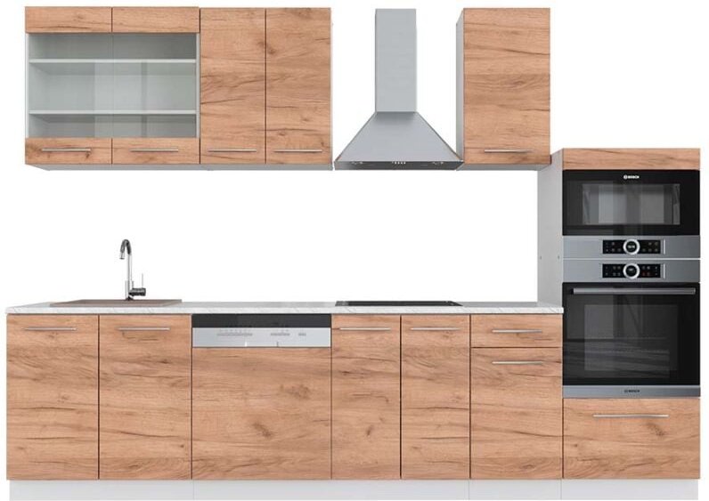 Vicco - Küchenzeile Fame-Line, Goldkraft Eiche/Weiß, 300 cm mit Hochschrank, ap Marmor