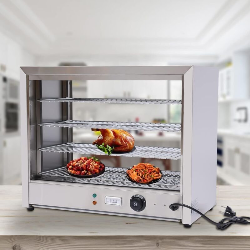 Heiße Theke, 800W Edelstahl Warmhaltevitrine 30-85°C 4 Etagen Wärmeschrank Speisenwärmer Restaurant für Warmhaltetheke K...