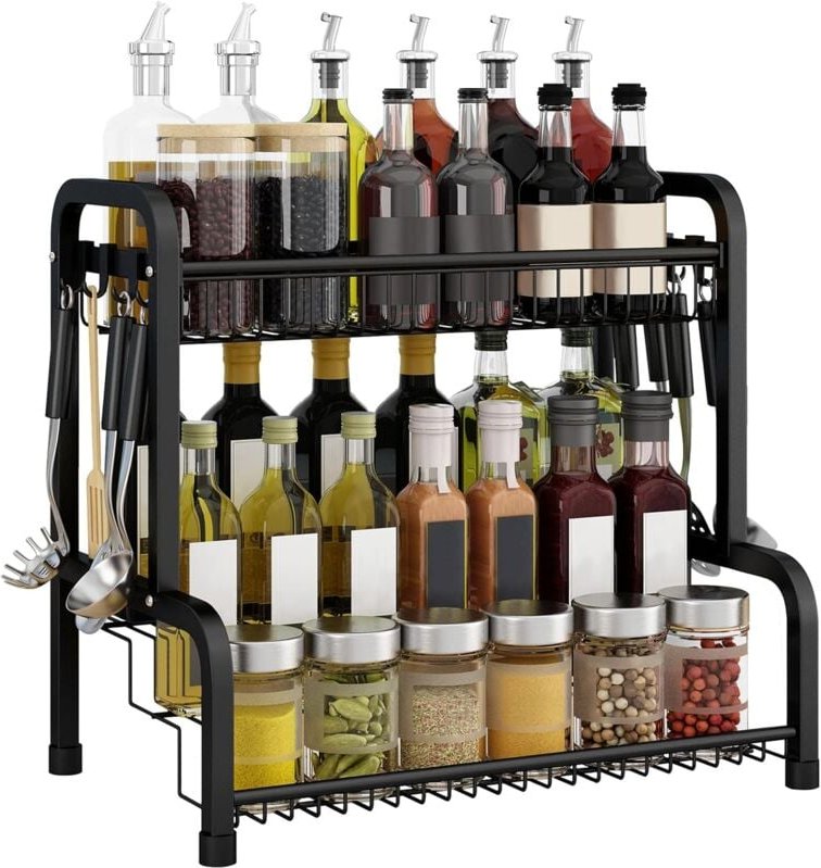 Gewürzregal Stehend Schwarz Gewürz Organizer Gewurzregalsystem Ohne Bohren 4 Etagen Gewürzständer aus Metall Küchenregal...