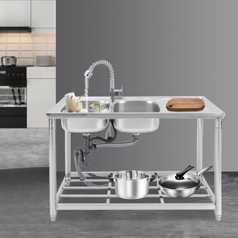 Restaurant-Spüle Doppelspüle mit Werkbank Mobile Spüle Edelstahl Spültisch 2 Becken Einem Ausziehbaren Wasserhahn Freist...