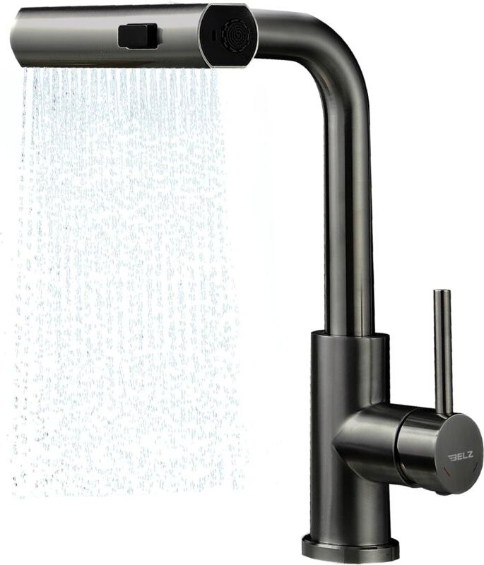 Abnehmbare Küchenarmatur, 360° drehbar, spritzgeschützter Wasserfallauslauf, Edelstahl, Warm- und Kaltwasser, Chrom (Gun...