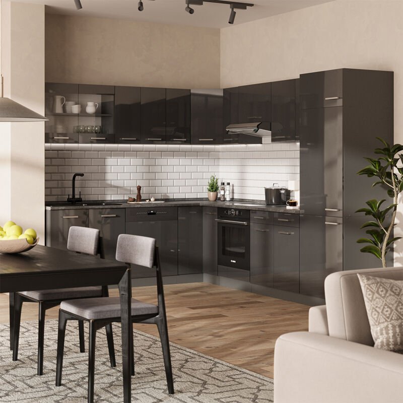 Eckküche R-Line, Anthrazit Hochglanz/Anthrazit, 227 x 287 cm ohne Arbeitsplatte, Vicco