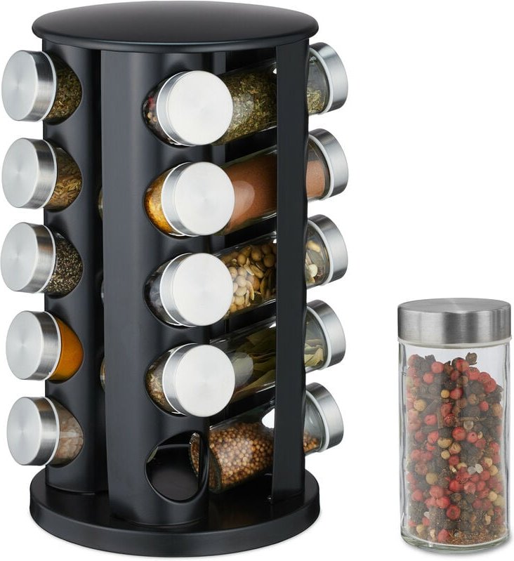 Relaxdays Gewürzkarussell, 20 Gewürzgläser, 80ml, mit Streueinsatz, drehbar, nachfüllbare Gewürzbar, Edelstahl, schwarz