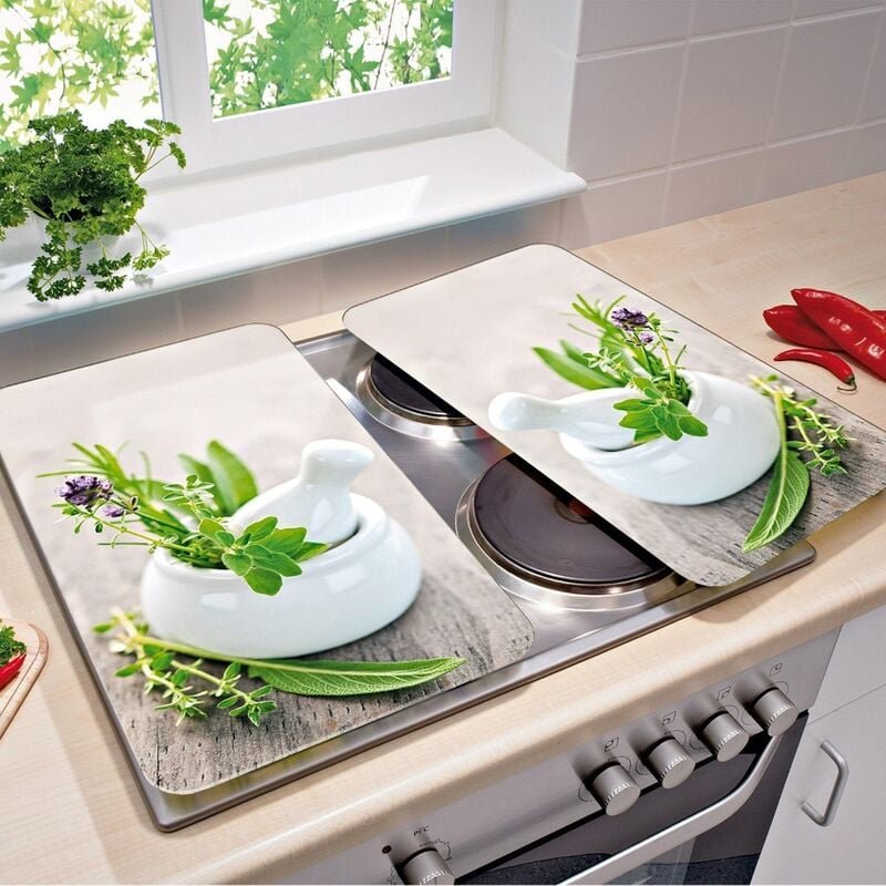 Herdabdeckplatten herb garden aus Glas – 2 Stück