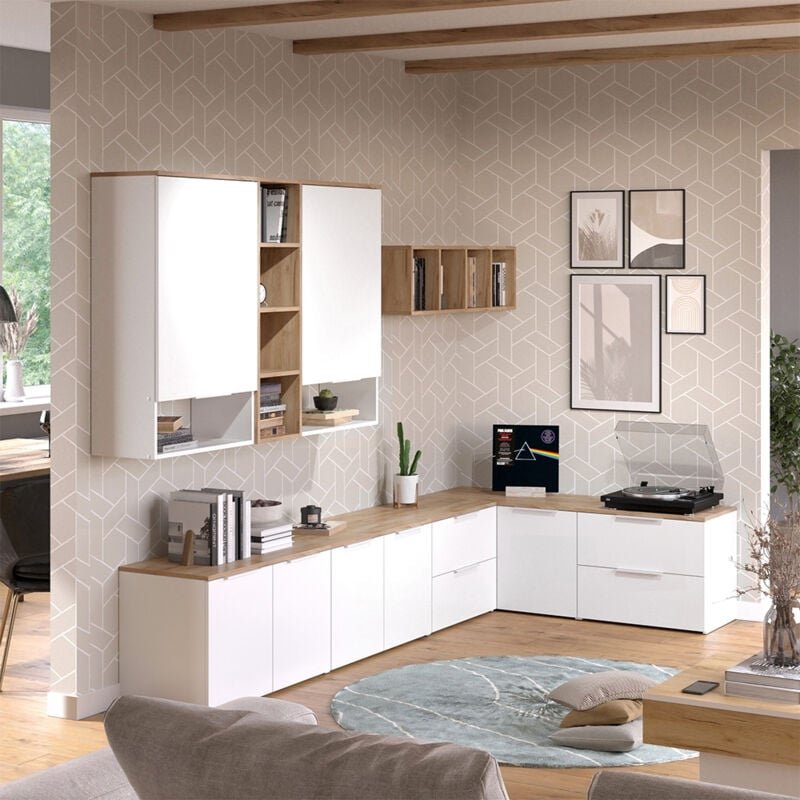 Wohnwand Wido, Weiß/Sonoma, 9 Teile Vicco