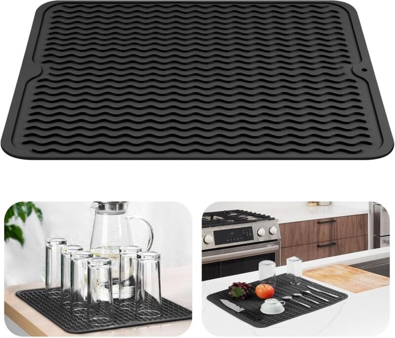 Schwarze Abtropfmatte, 30 x 40 cm, Silikon-Schutzmatte für die Küche, Herdplattenmatte, Hitzeschutzmatte.