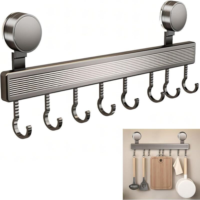 Vtizikl Barre Ustensiles Sans Perçage 8 Crochets Porte ustensiles mural 40cm Ventouse Amovible pour Cuisine Salle de Bai...