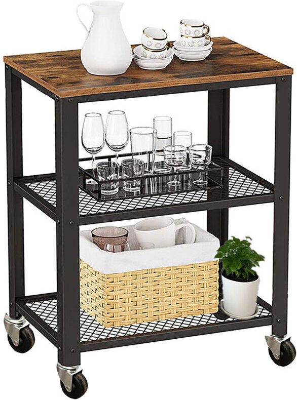 Relaxdays Küchenwagen, 3 Ebenen, Holzoptik, Rollwagen Küche, Haushalt & Büro, HBT: 77,5x60x40 cm, Metall, braun-schwarz