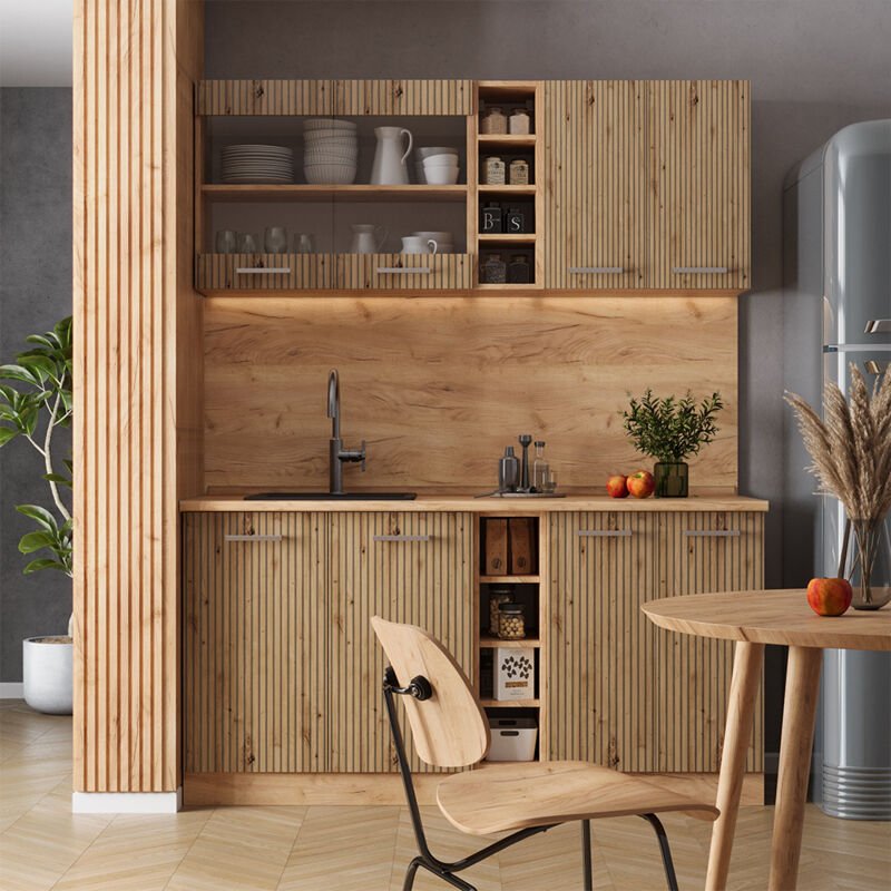 Vicco - Singleküche R-Line, Artisan-Eiche/Goldkraft Eiche, 160 cm , ap Marmor