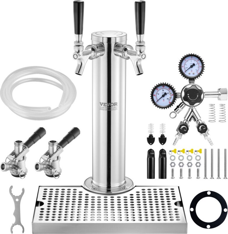 Vevor Kegerator-Turm-Kit, Bier-Umrüstsatz mit zwei Zapfhähnen, Bier-Turmspender aus Edelstahl mit Doppelmessgerät W21.8-...
