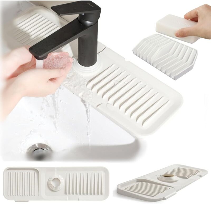 Wasserhahnschutz und Abtropfmatte, Silikon-Abtropfmatte für Küchenspüle, 5° Neigung, 14 x 45 cm, Cremeweiß - Lntyq