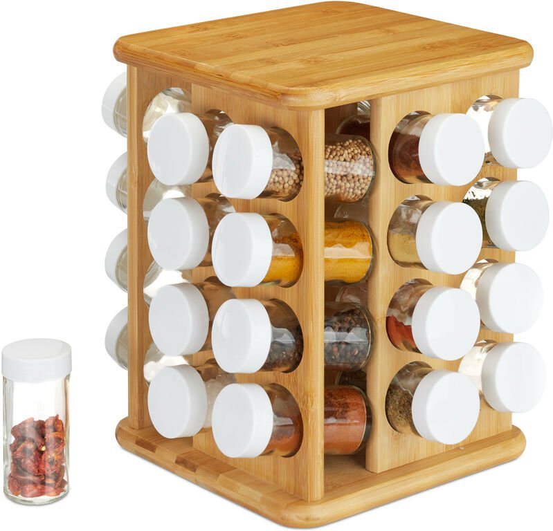 Xxl Gewürzkarussell, drehbar, 32 Gewürzgläser, aromadichte Aufbewahrung, Gewürze Organizer, Bambus, natur - Relaxdays