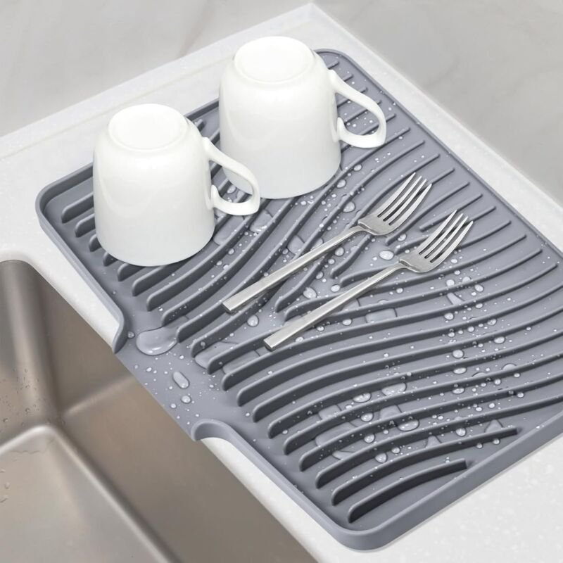 Abtropfmatte aus Silikon für die Küchentheke, rutschfeste Abtropfunterlage mit integriertem Abfluss, hitzebeständig (40 ...
