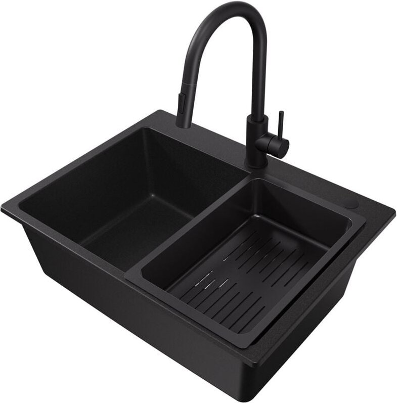 Cecipa Max - Granitspüle 60 × 45 cm Küchenspüle Granit mit Abtropfkorb, Aufsatz Spüle Küchenspülbecken + Hochdruck Auszi...