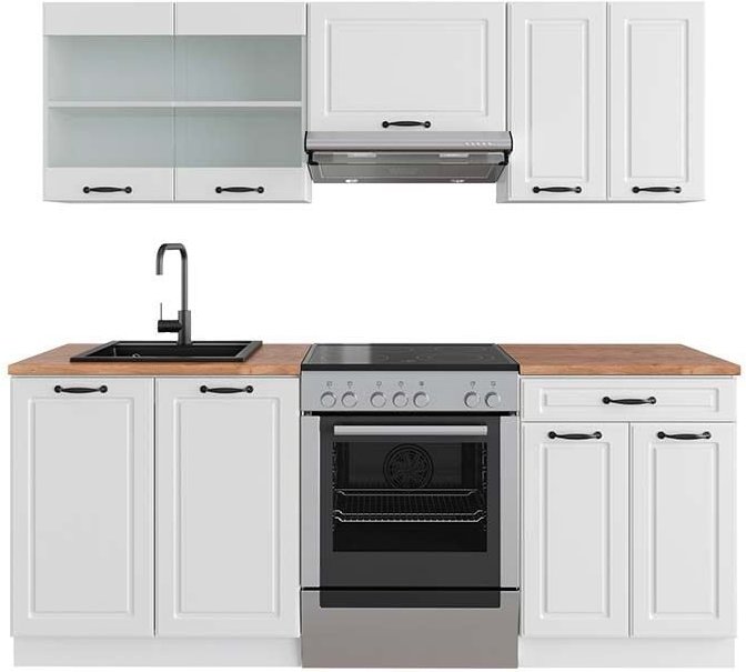 Küchenzeile R-Line, Weiß Landhaus/Weiß, 200 cm , AP Eiche, Vicco