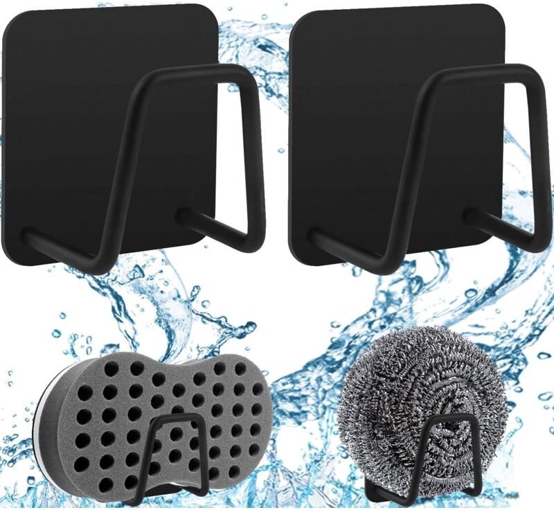 2er-Pack selbstklebender Schwammhalter, 304 Edelstahl, Küchenspüle, Caddy, Organizer, Schwarz