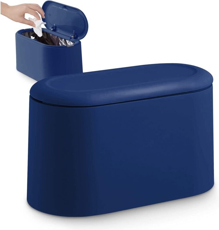 Kleiner Tisch-Mülleimer mit Druckknopfdeckel für Büro, Bad, Küche und Schlafzimmer, Aufbewahrung von Tierfutter, Blau - ...