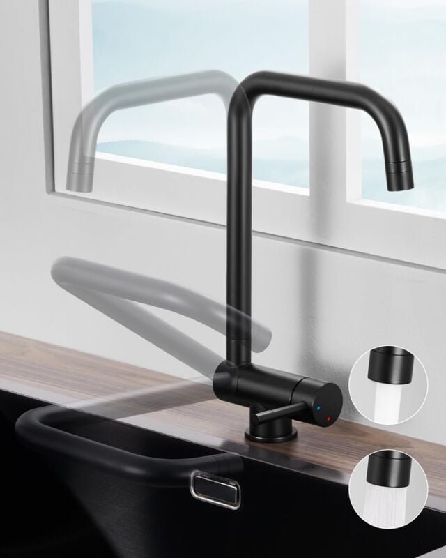 Wasserhahn Küche Schwarz, Vorfenster Küchenarmaturen Schwarz, 360°Armatur Küche Schwarz Matt, Mischbatterie Küche Klappb...