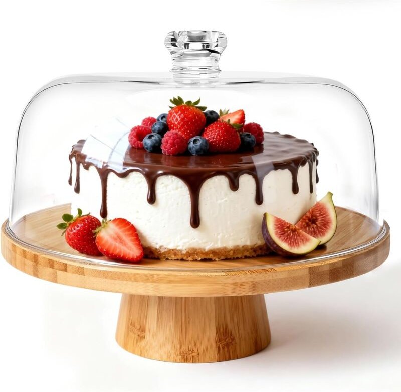 Freistehender Tortenständer mit Deckel, 6-in-1 multifunktionale Tortenglocke, drehbarer Tortenständer aus Holz für Gebäc...