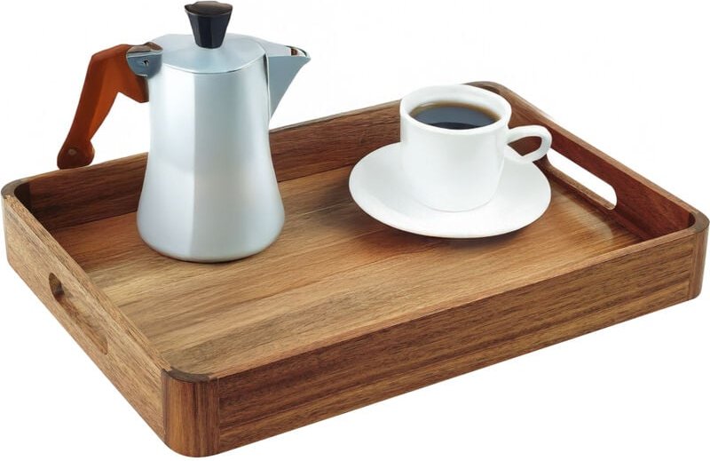 Relaxdays Serviertablett Akazienholz & MDF, HxBxT: 5 x 38,5 x 28,5 cm, Essenstablett mit Griffen, hoher Rand, natur