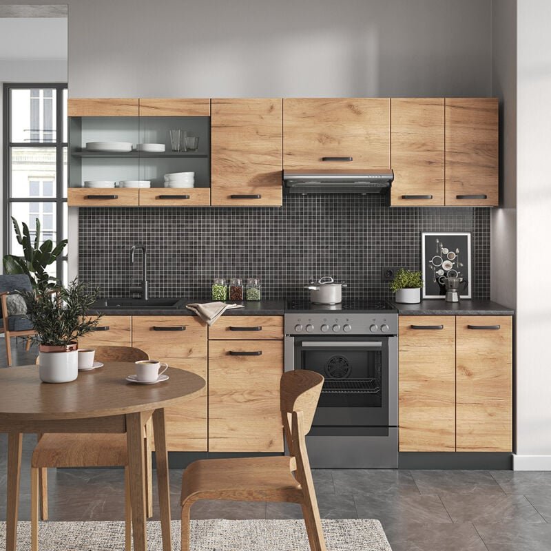 Vicco - Küchenzeile Raul, Goldkraft Eiche/Anthrazit, 240 cm , ap Schwarz gemustert