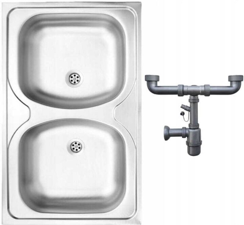 2-Becken-Stahl-Aufsatzspüle 80x50 satiniert mit Apollo-Siphon