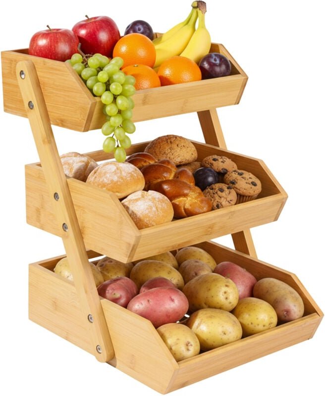 Relaxdays Obst Etagere Bambus, 3 Etagen, HBT 41x33x30 cm, Korbetagere für Obst, Gemüse & Gebäck, Obstschale Küche, natur