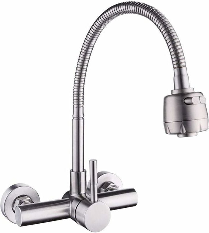 Küchenarmatur, Wandmontage-Mischbatterie, 304 Edelstahl, 360° drehbarer Waschbecken-Wasserhahn mit flexiblem Schlauch