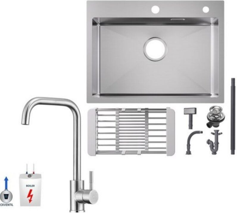 Cecipa Max - Küchenspüle aus Edelstahl 60x45cm Aufsatzwaschbecken Gebürstete + Niederdruck-Küchenarmatur Gebürstete Küch...