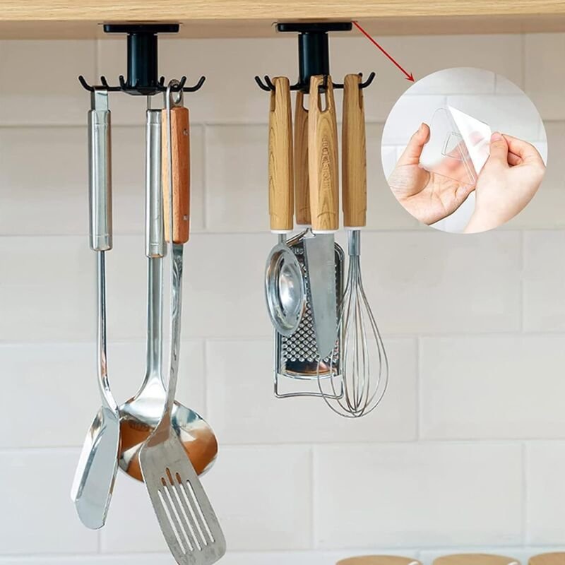 Stück 360° drehbarer Küchenutensilienhalter, selbstklebend, 6 Haken, Küchen-Organizer-Zubehör, Küchenutensilien-Aufbewah...