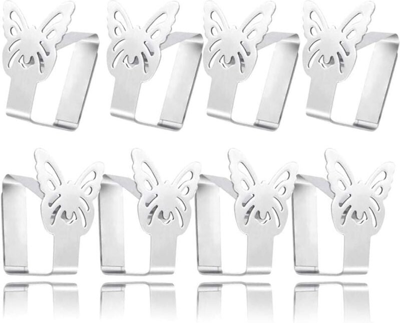 Set di 8 fermatovaglie in acciaio inox con motivi a farfalla - Per piani tavolo fino a 3,5 cm di spessore - 6,5 x 5 cm