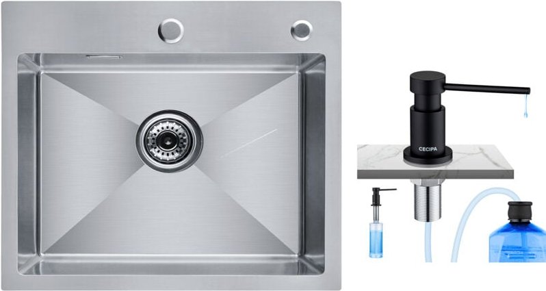 Single Bowl Küchenspüle, Küchenspüle 50 x 45 x 18,5 cm, quadratisch, gebürsteter Edelstahl, Küchenspüle + schwarzer Seif...