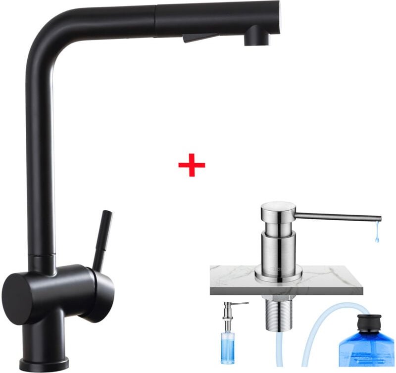 Schwarzer ausziehbarer Küchenarmatur aus Edelstahl, 360° drehbar, einstellbares Heiß- und Kaltwasser + Küchenseifenspend...